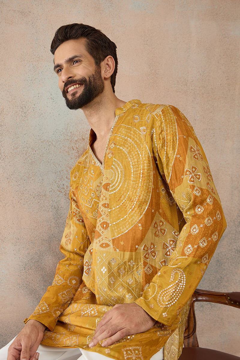 Mens Mustard Silk Blend Ethnic Motifs Embroidered Kurta With Trouser MKSET2456