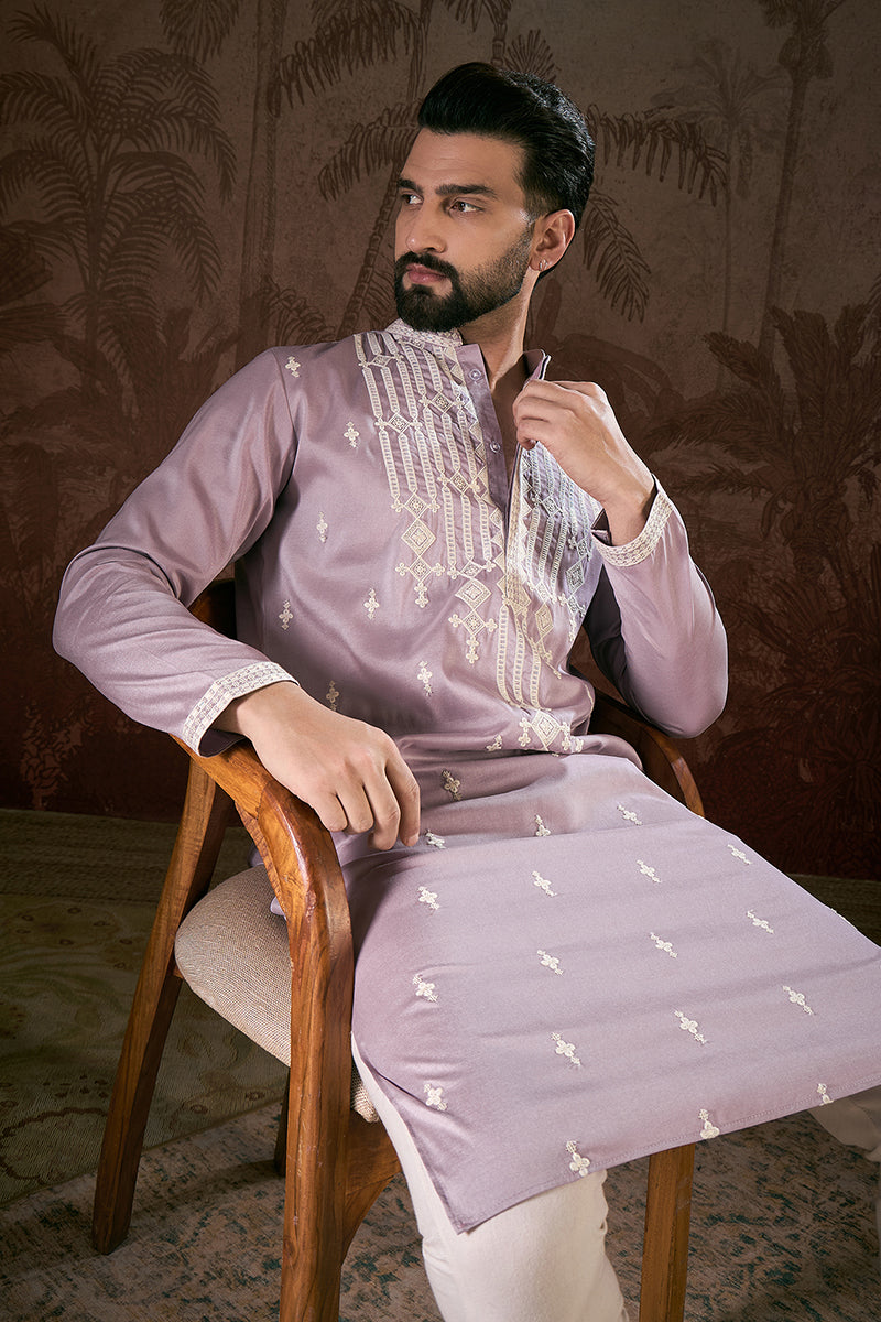 Lavender Silk Blend Solid Embroidered Straight Kurta MKU1880