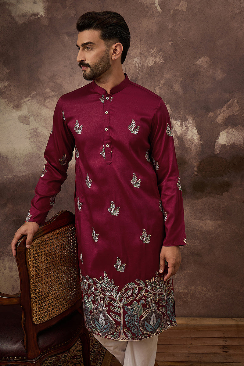 maroon silk blend solid embroidered straight kurta with trouser