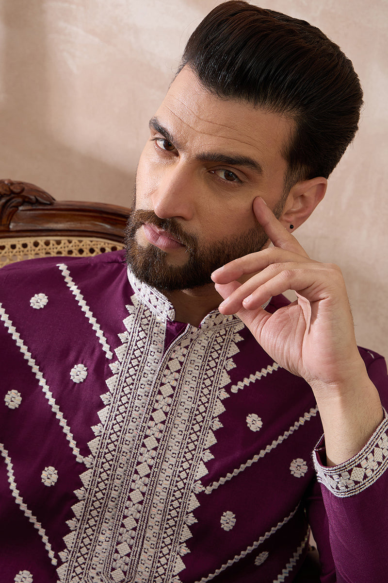 Purple Silk Blend Embroidered Mandarin Collar Straight Kurta With Trouser