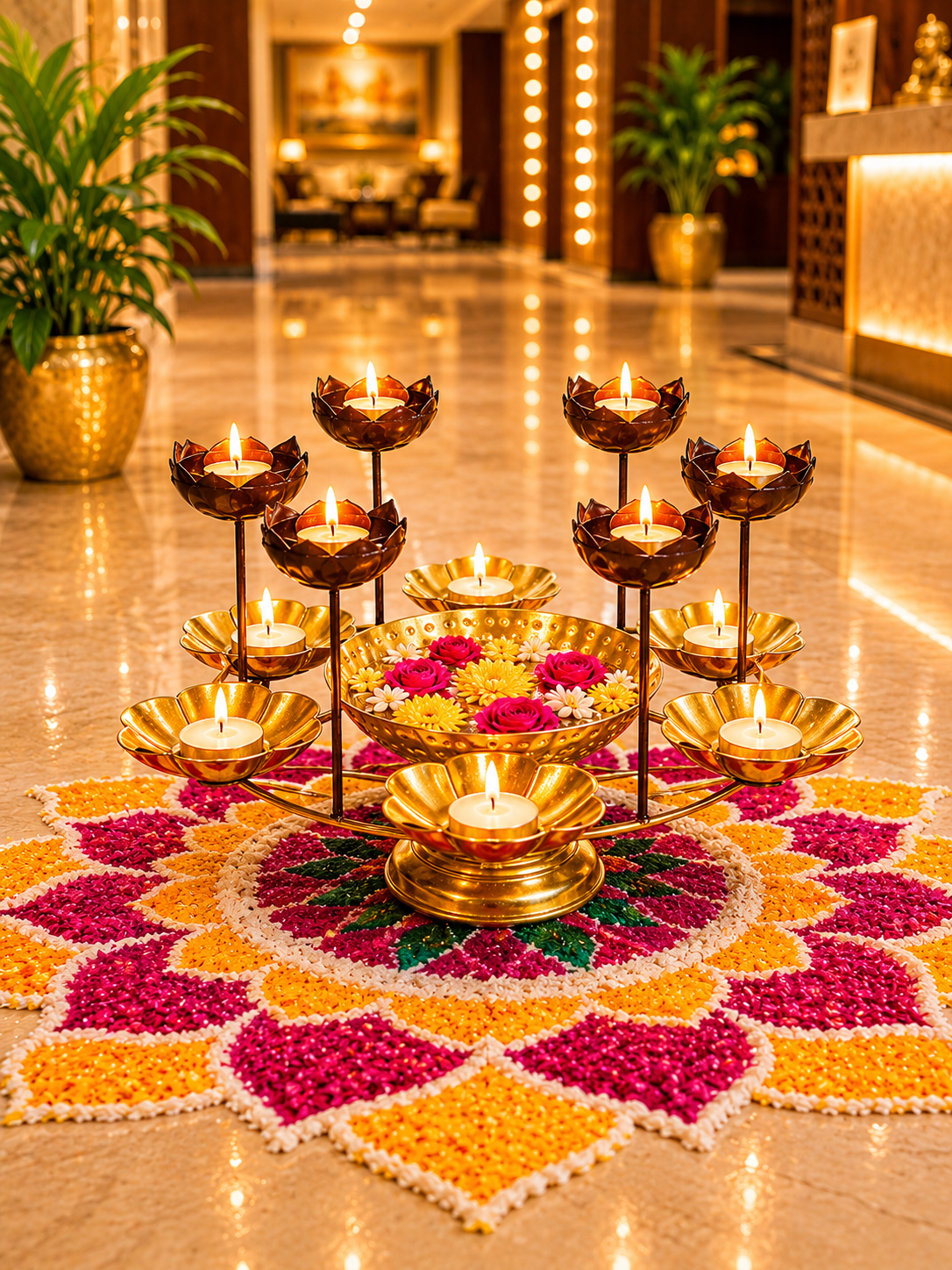 premium lotus urli bowl with elevated tea light holders decorative hammered metal floating flower bowl gold finish candle centerpiece for diwali pooja weddings festivals home decor