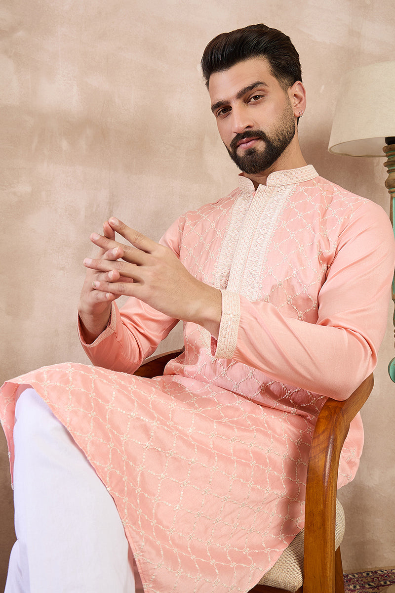 Pink Silk Blend Ethnic Motifs Embroidered Straight Kurta With Trouser
