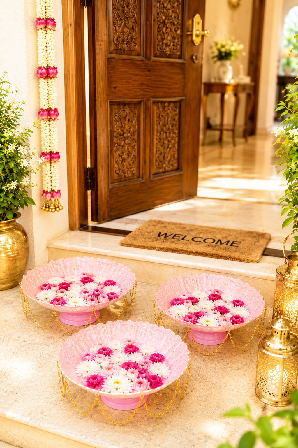 premium pink lotus urli bowl set of 3 with decorative chain handcrafted metal floating flower bowls for water candles tea lights decorative urli for diwali wedding pooja home decor