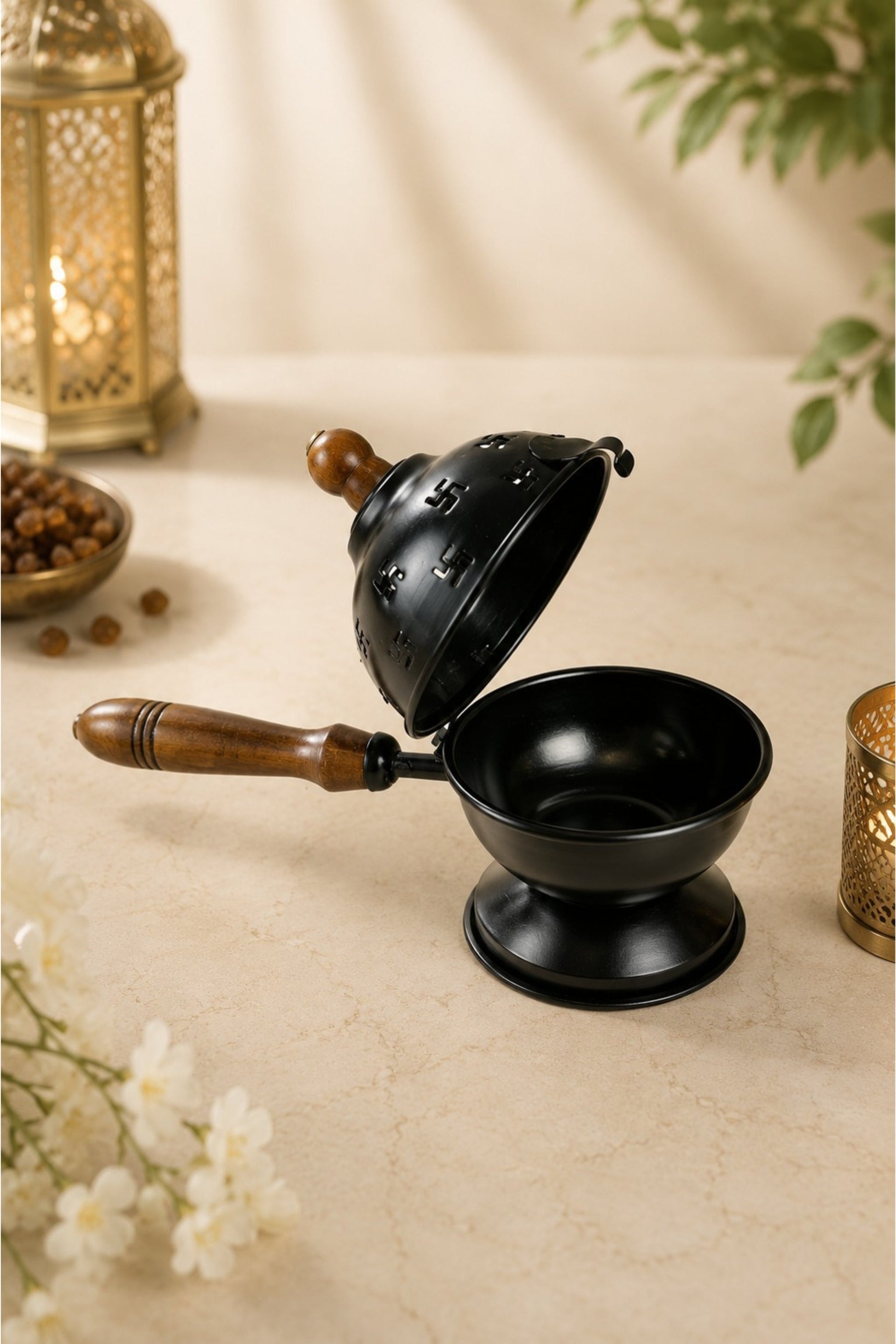 premium metal loban burner with wooden handle 3 free loban cups heat resistant incense burner for loban dhoop sambrani cups bakhoor camphor home temple meditation pooja decor