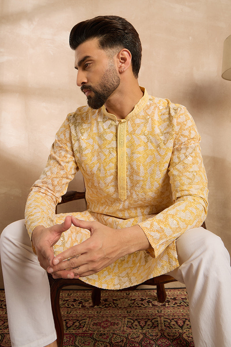 Yellow Viscose Rayon Solid Printed Straight Kurta With Trouser MKSET1657