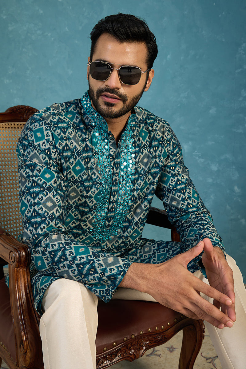 Mens Sea Green Silk Blend Ethnic Motifs Ikat Printed Kurta MKU1893