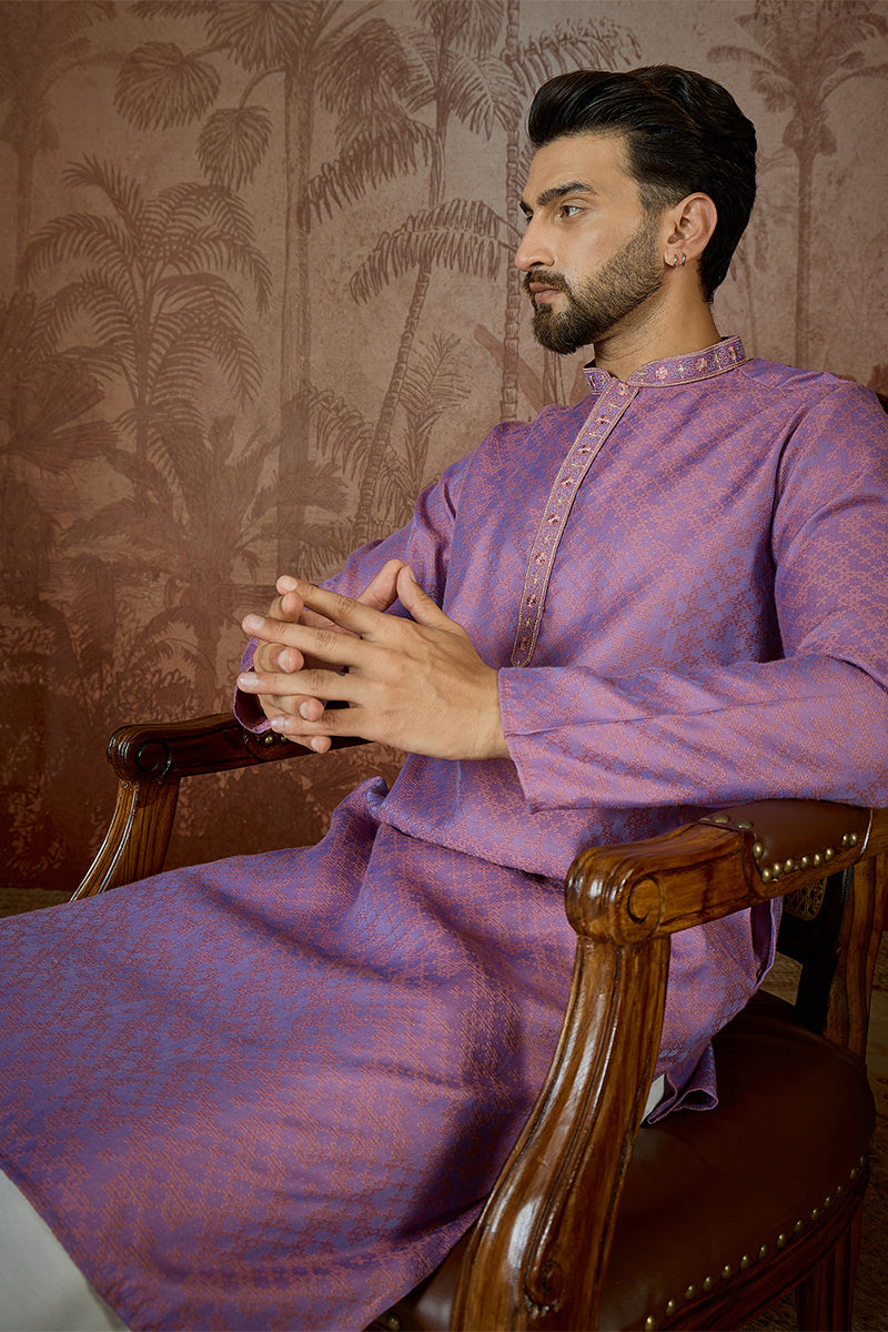 Mens Purple Jacquard Geometric Embroidered Kurta MKU2549
