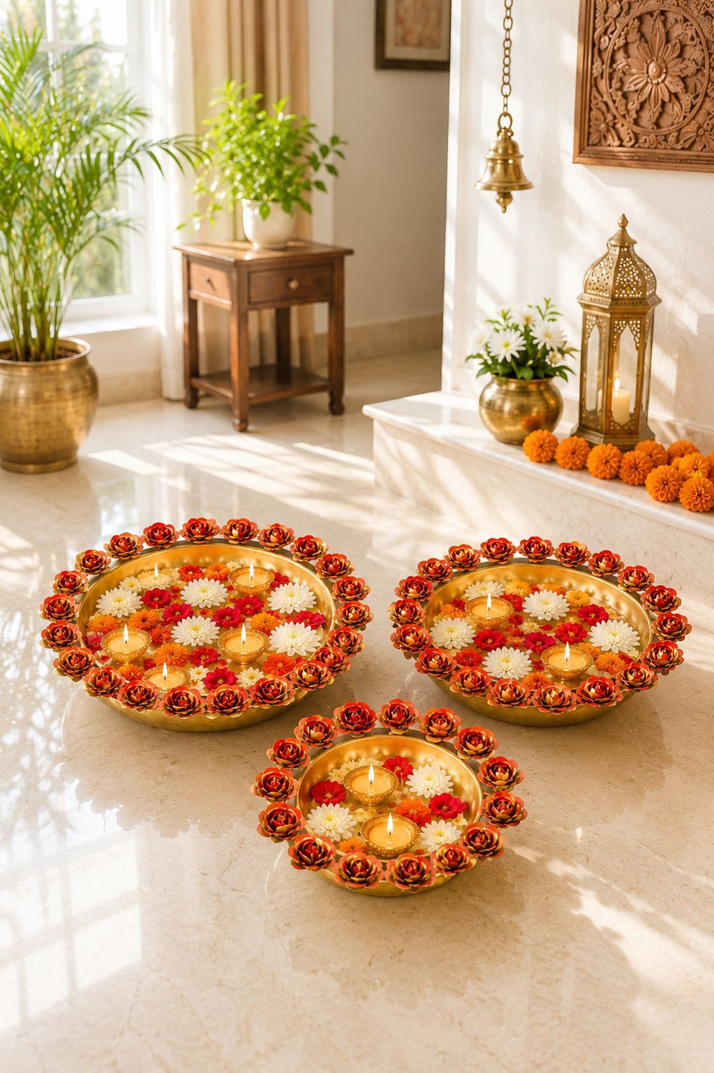 premium decorative urli bowl set of 3 with rose rim design hammered metal floating flower bowls for water candles tea lights diwali pooja wedding festival home decor centerpiece