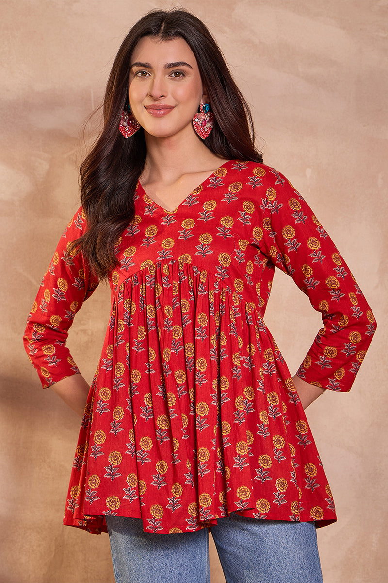 red cotton blend floral printed top