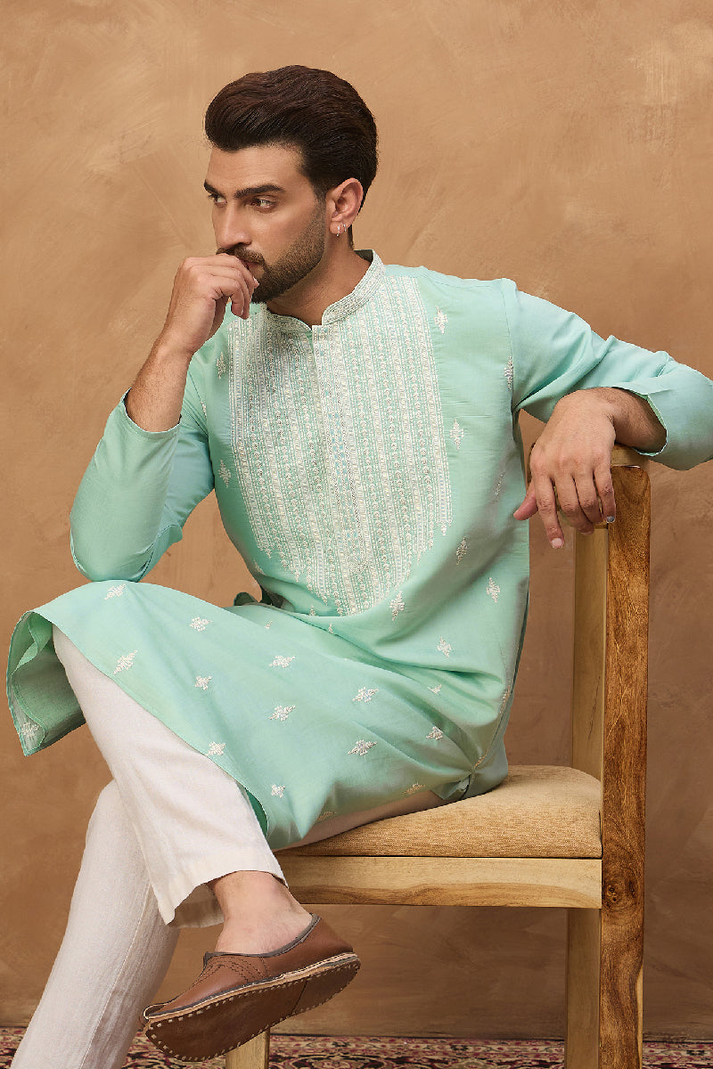 Blue Silk Blend Solid Embroidered Straight Kurta MKU1511