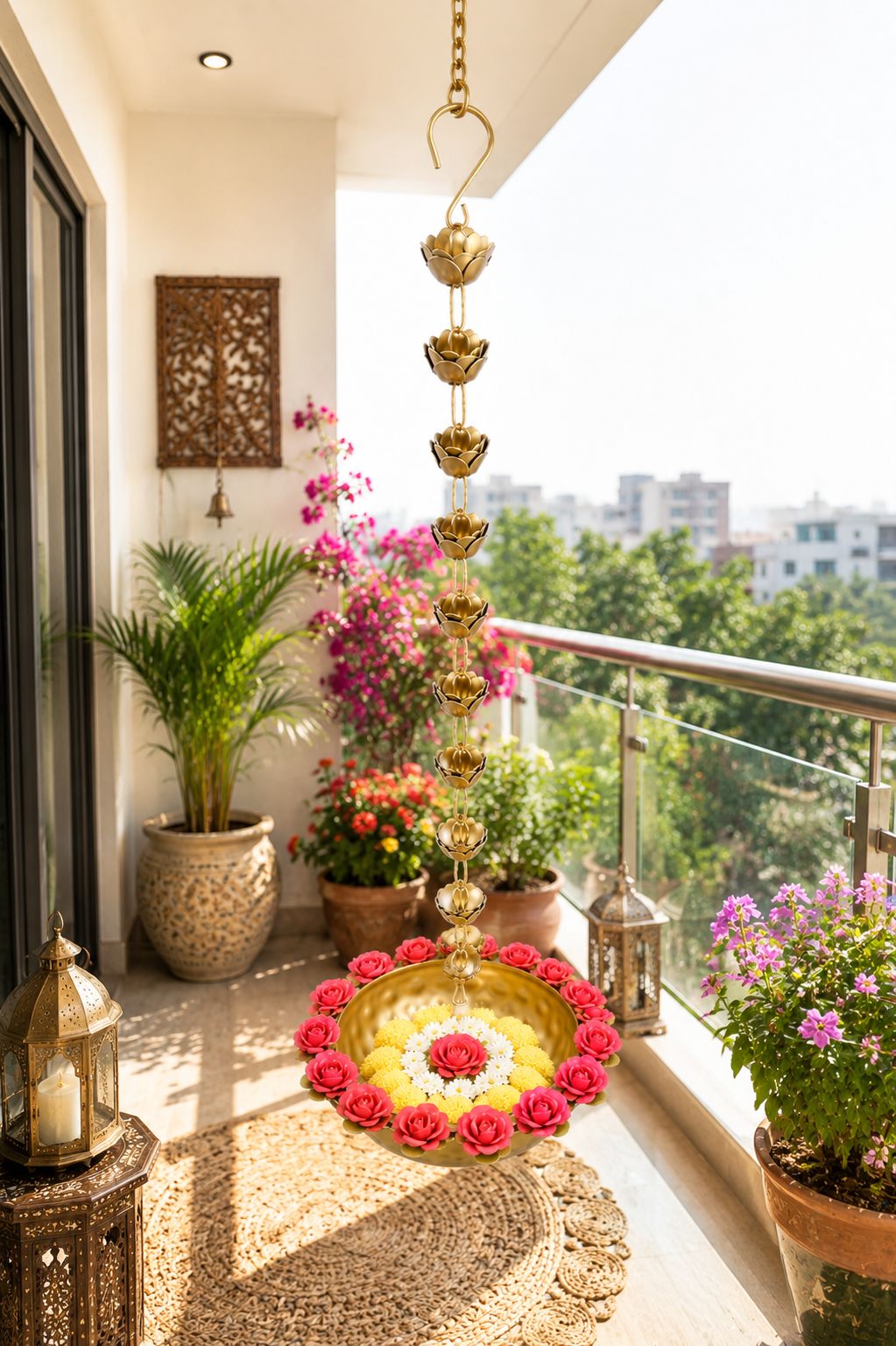 premium hanging lotus urli bowl with rose rim design decorative metal floating flower bowl with lotus chain hanging urli for water candles tea lights diwali pooja wedding home decor