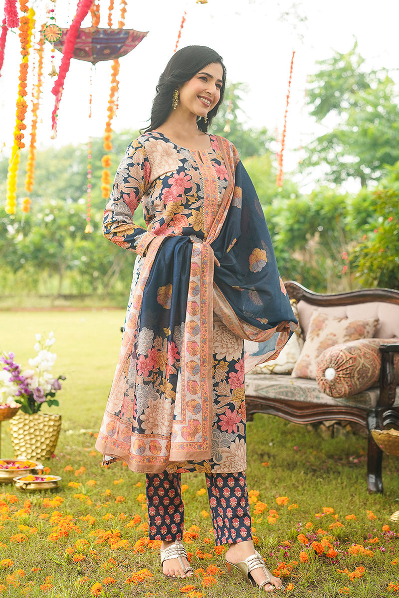 blue rayon blend floral printed straight kurta trousers with dupatta 