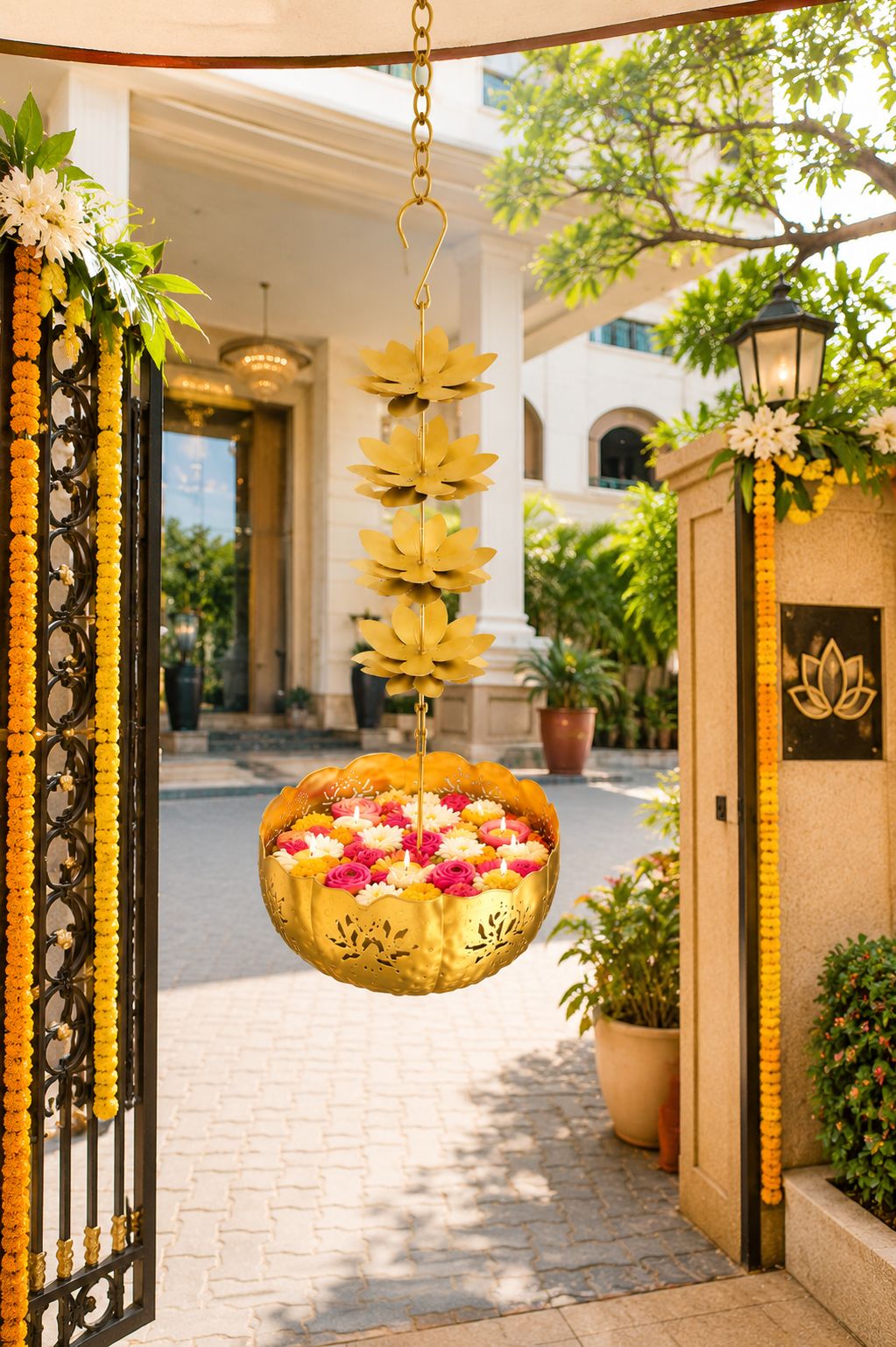 premium hanging lotus urli bowl decorative metal hanging flower urli for floating flowers water candles traditional hanging urli for diwali pooja wedding home decoration