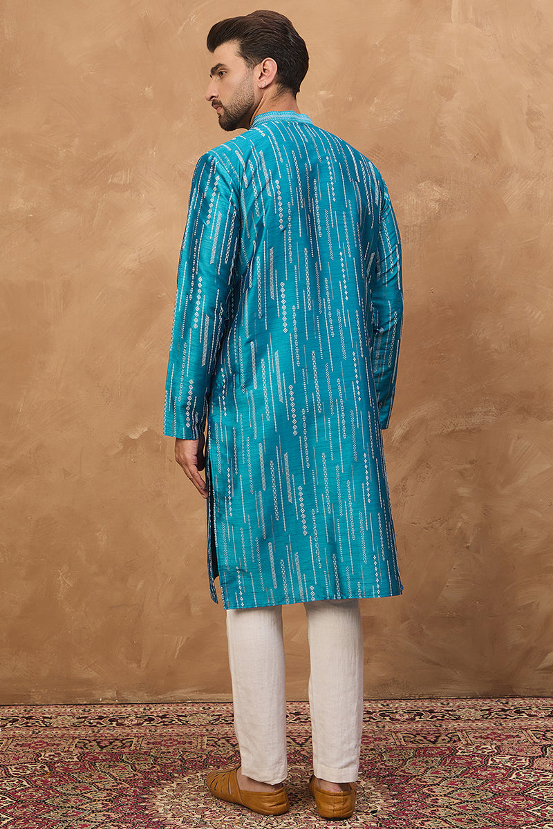 blue silk blend geometric printed straight kurta