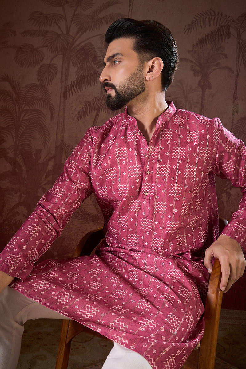 Pink Silk Blend Ethnic Motifs Printed Straight Kurta With Trouser MKSET1929