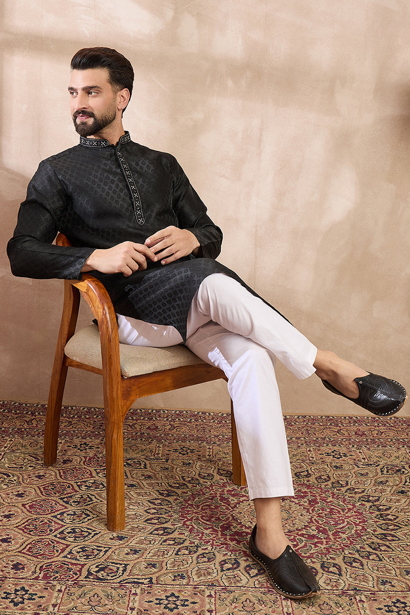 Black Silk Blend Solid Woven Design Straight Kurta With Trouser