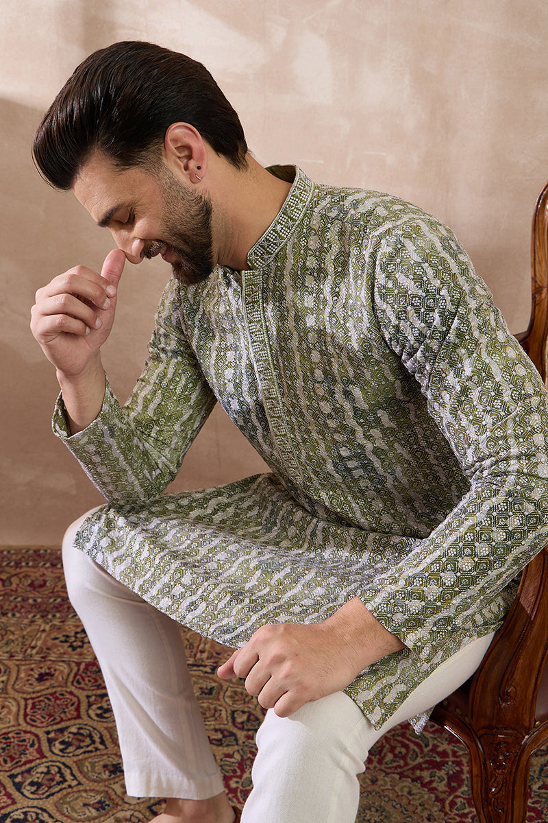 Green Silk Blend Printed Mandarin Collar Straight Kurta With Trouser
