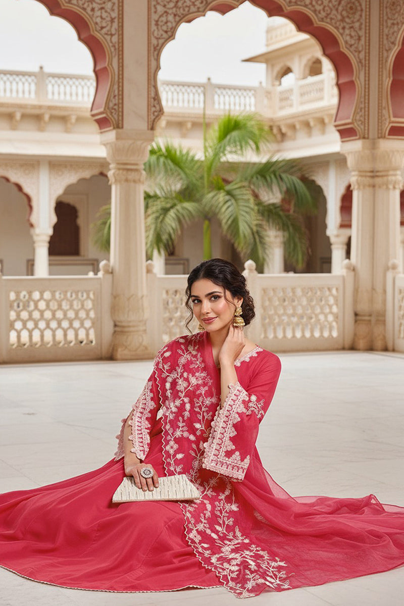 pink silk blend solid embroidered flared suit set pkskd2071