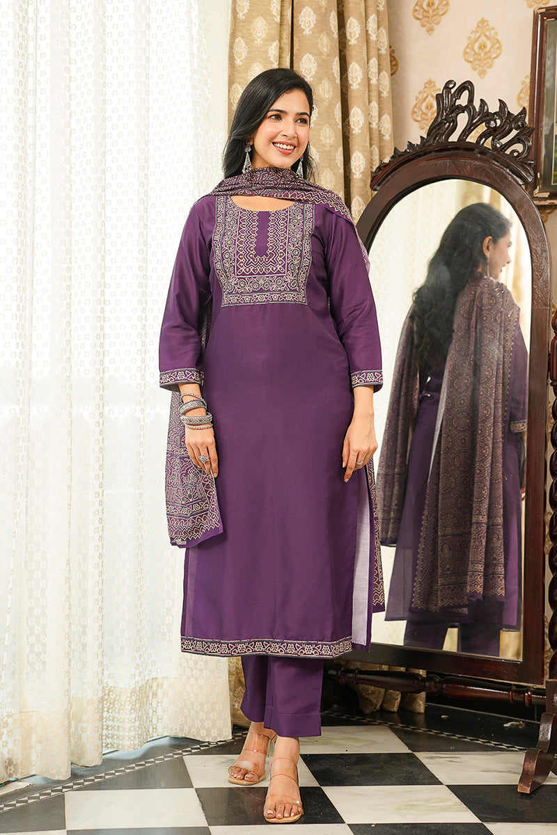 purple rayon blend ajrakh printed straight kurta trousers with dupatta 