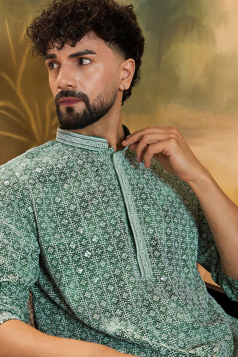 green viscose rayon shibori embroidered straight kurta with trouser