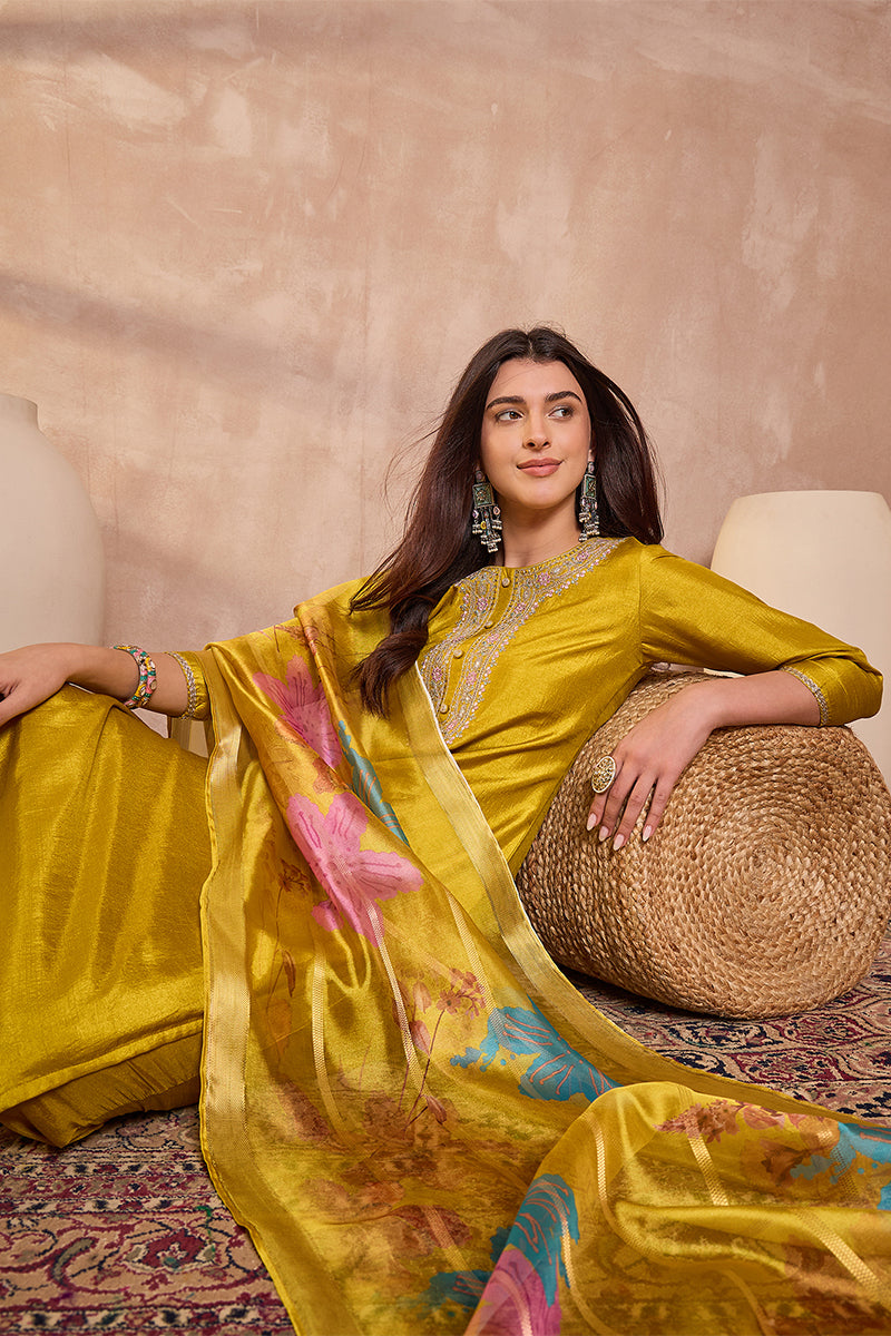 yellow silk blend solid embroidered straight kurta trouser with dupatta 