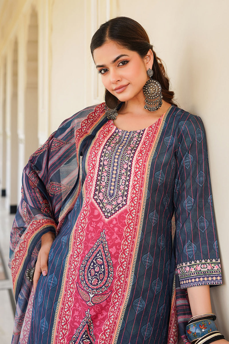 blue rayon blend ethnic motifs printed straight kurta trouser with dupatta 
