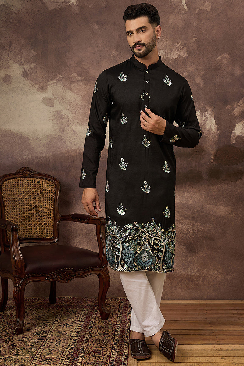 black silk blend solid embroidered straight kurta with trouser
