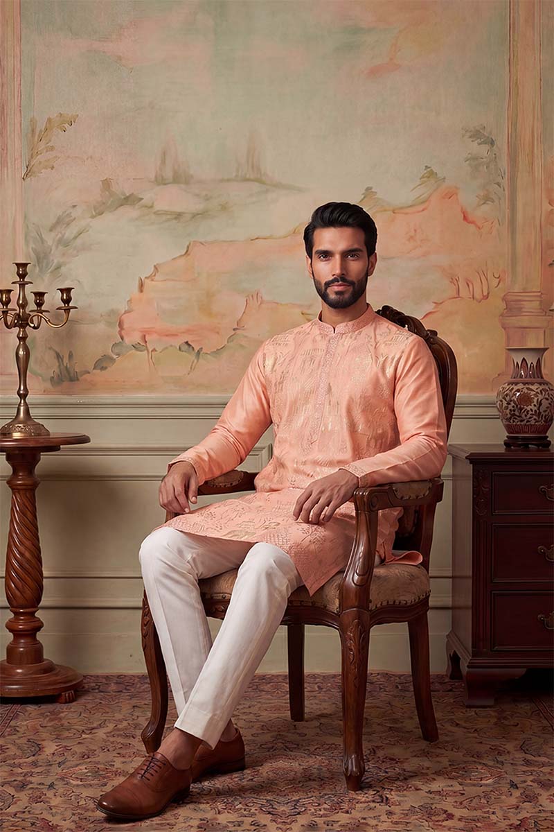 ethnic-bay-mens-peach-viscose-rayon-solid-embroidered-kurta-with-trousers-mkset2092