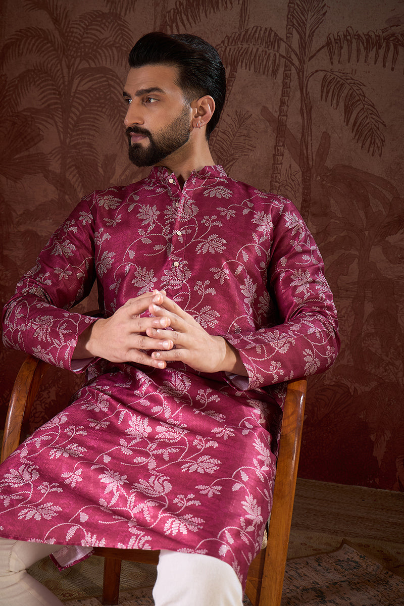 Red Silk Blend Floral Printed Straight Kurta With Trouser MKSET1975