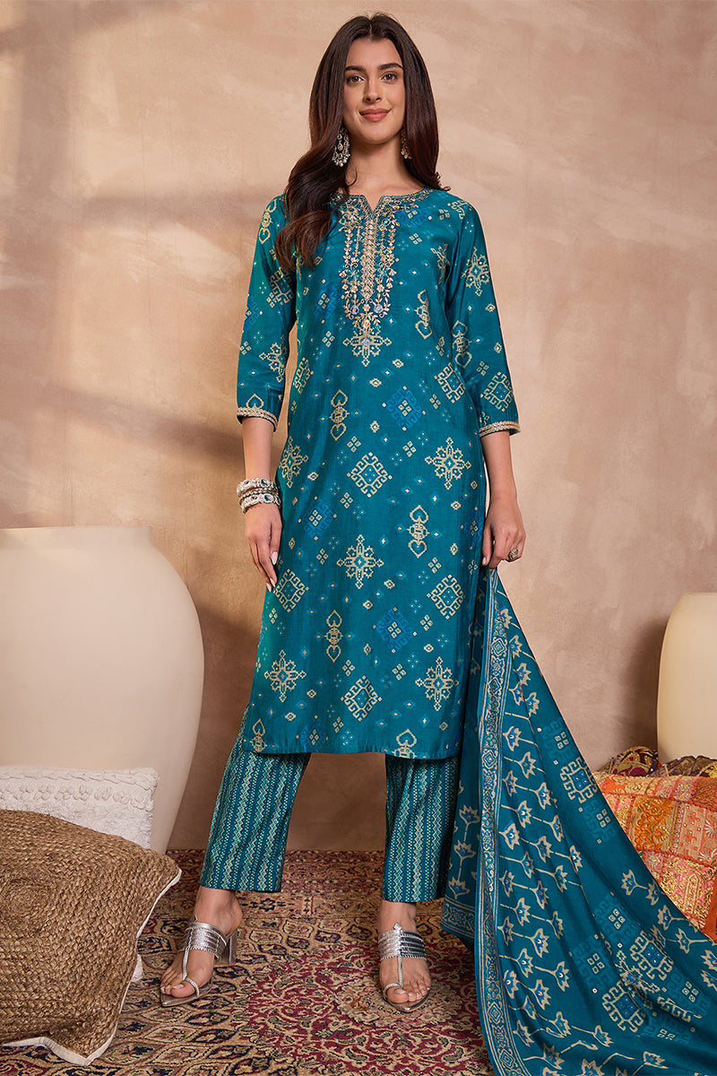 silk blend ethnic motifs printed blue kurta and trousers with dupatta pkskd3230