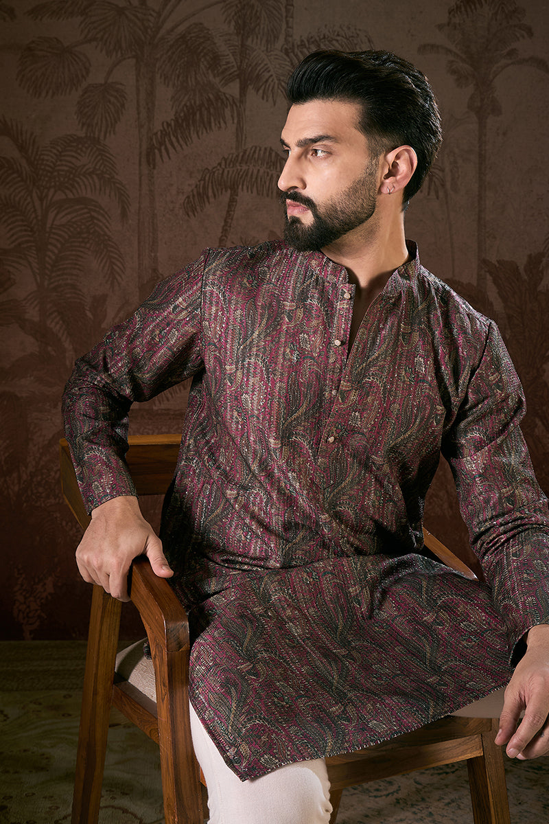 Purple Silk Blend Ethnic Motifs Printed Straight Kurta With Trouser