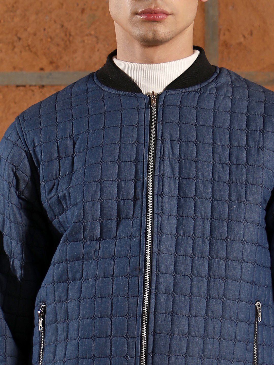 Mens Indigo Blue Cubic Quilted Bomber Jacket