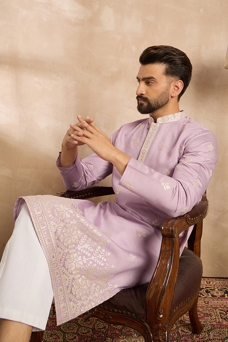 Lavender Polyester Solid Embroidered Straight Kurta With Trouser
