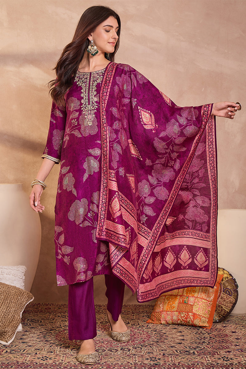 purple silk blend floral printed straight kurta trouser with dupatta
