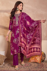 purple silk blend floral printed straight kurta trouser with dupatta