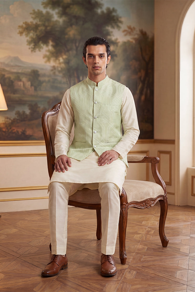 Mens Green Jacquard Woven Design Solid Koti