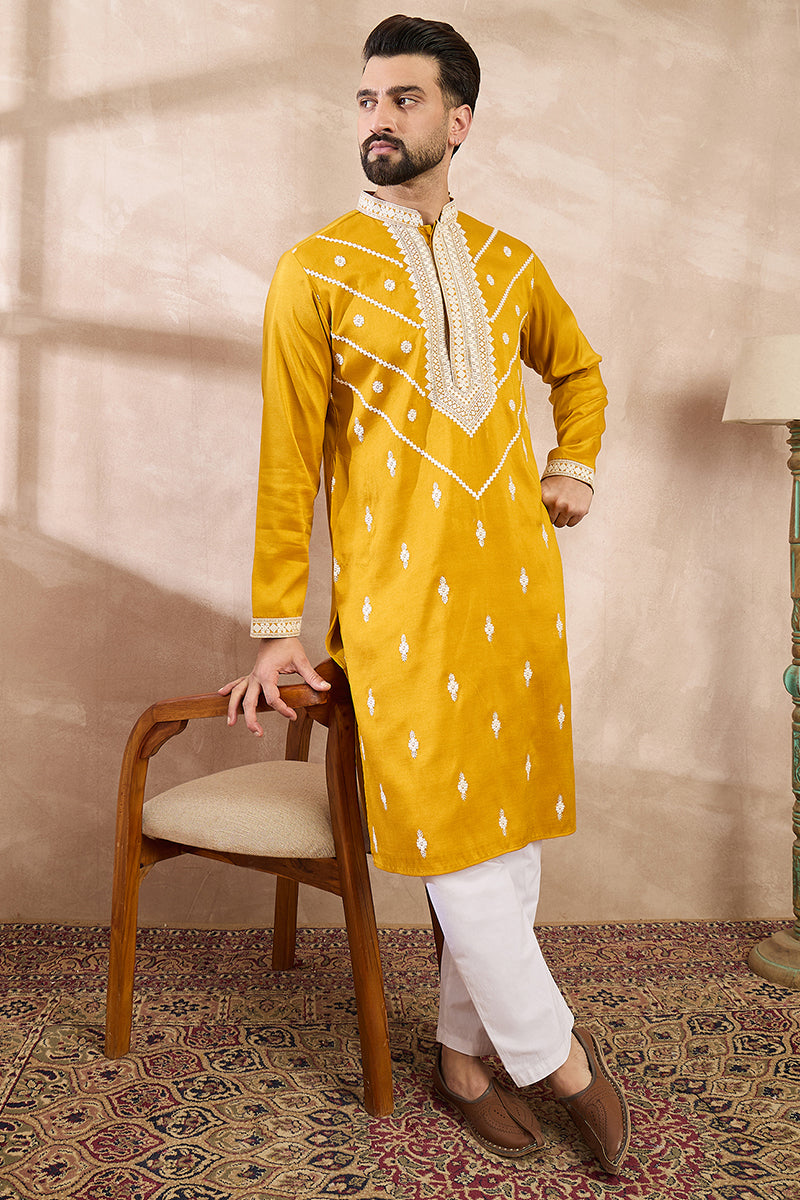 Yellow Silk Blend Ethnic Motifs Embroidered Straight Kurta With Trouser