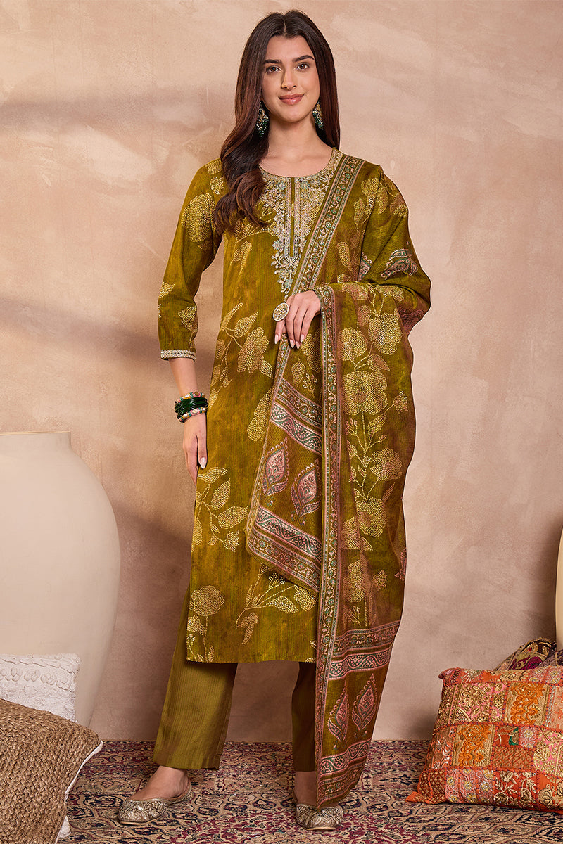 green silk blend floral printed straight kurta trouser with dupatta