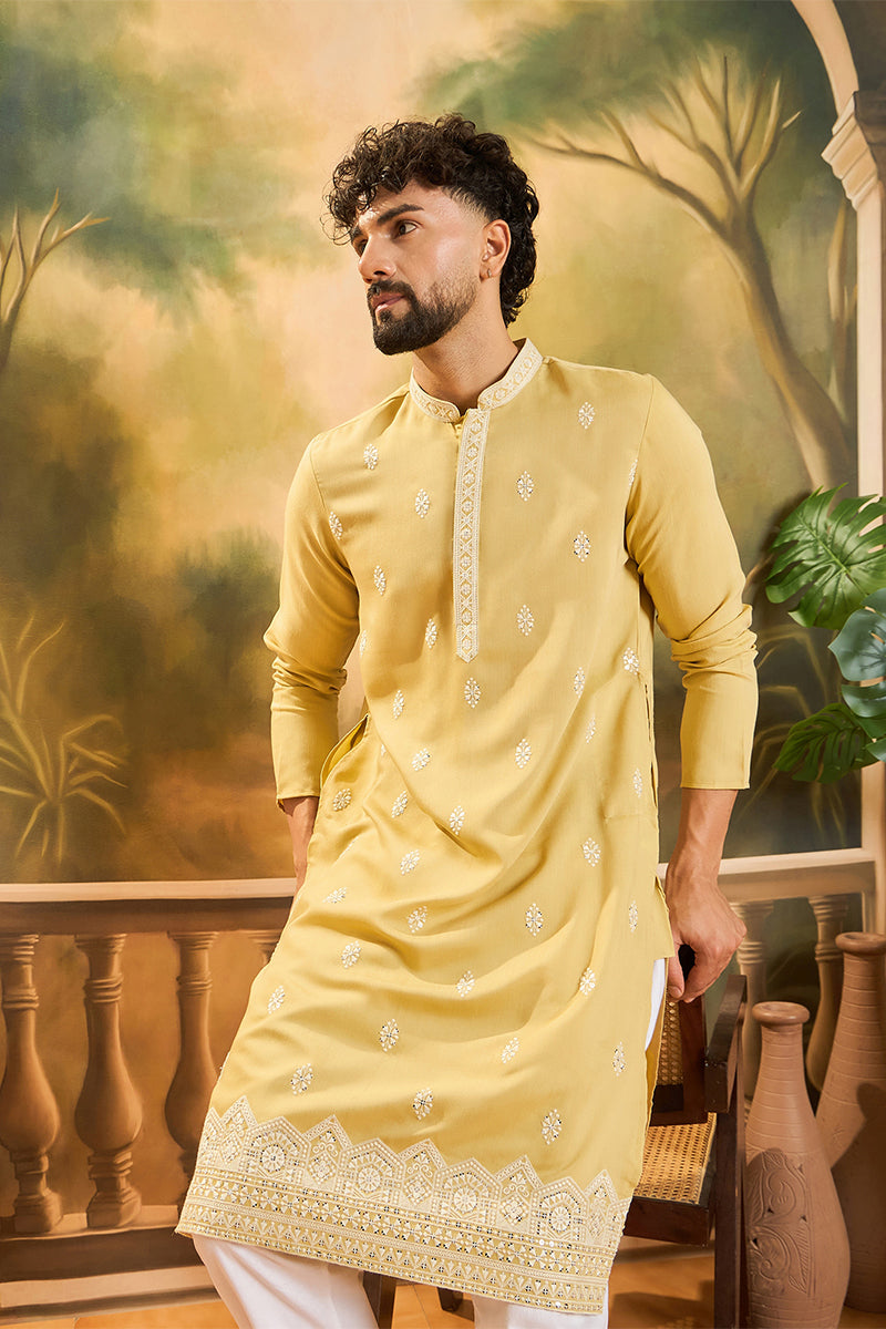 Yellow Silk Solid Embroidered Straight Kurta