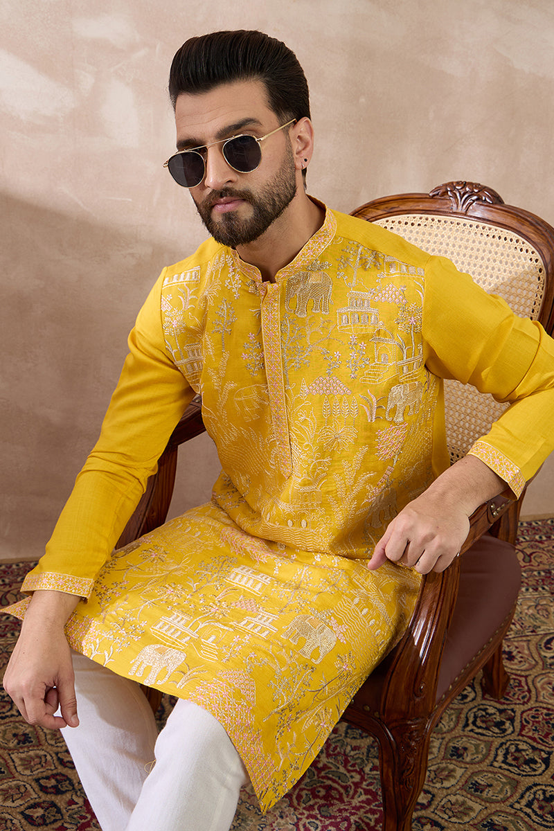 Yellow Silk Blend Embroidered Mandarin Collar Straight Kurta