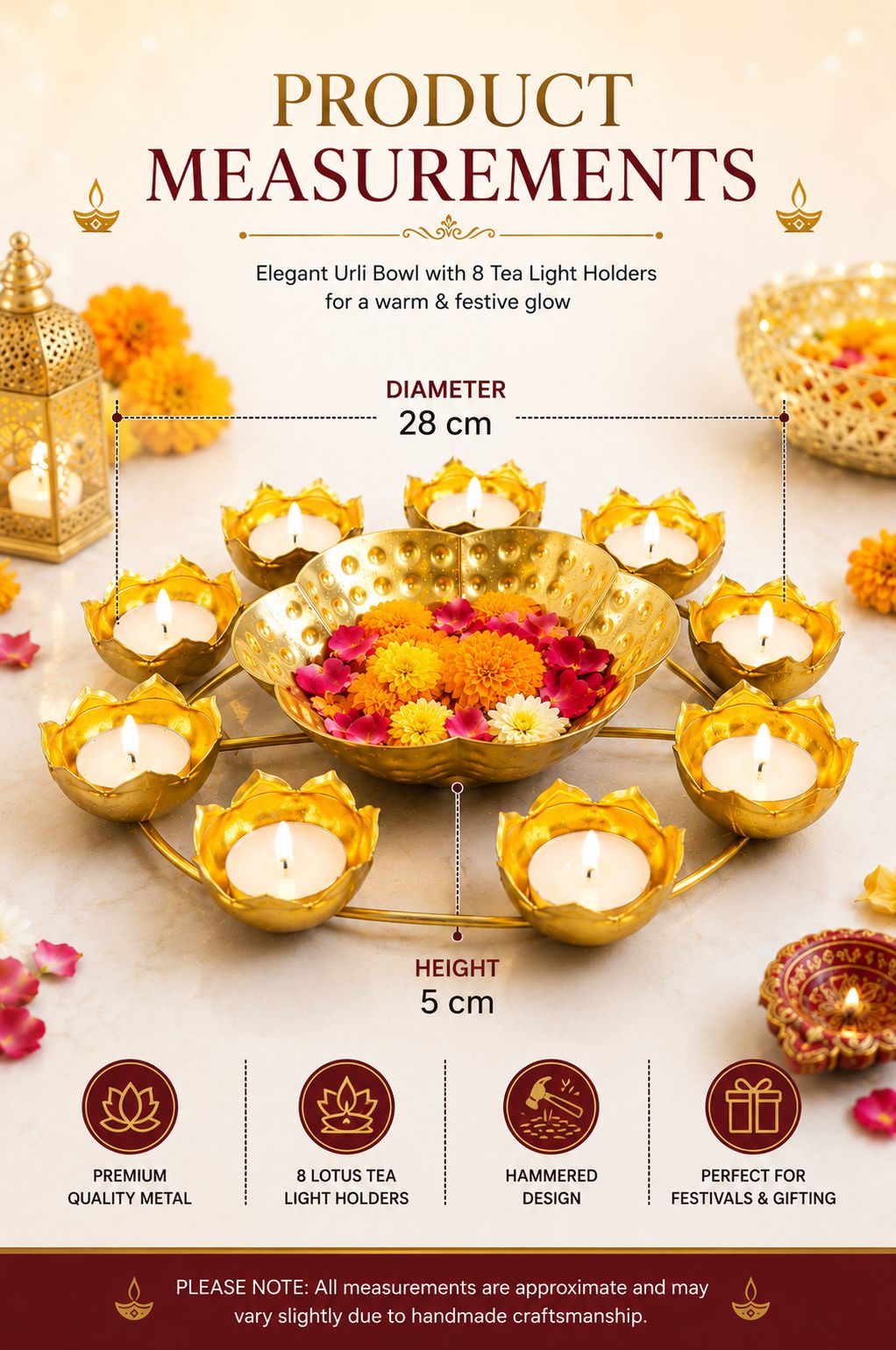 premium lotus urli bowl with 8 tea light holders hammered metal decorative floating flower bowl gold finish centerpiece for diwali pooja weddings festivals home decor gifting