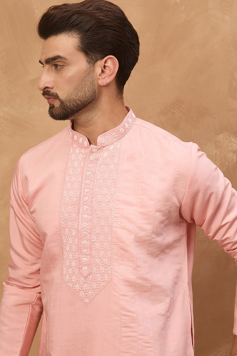 Peach Silk Blend Solid Solid Straight Kurta