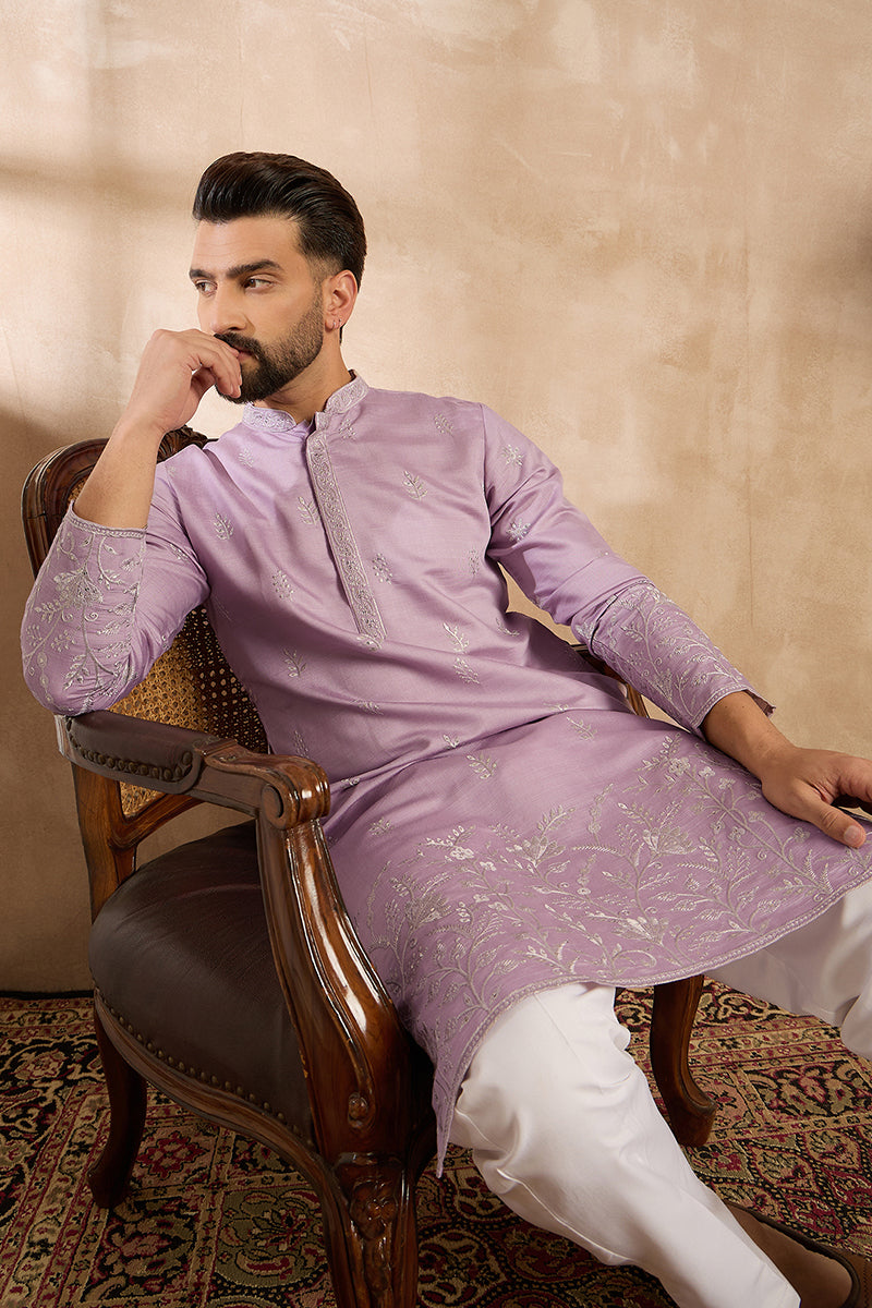Lavender Silk Blend Floral Embroidered Straight Kurta With Trouser MKSET1781