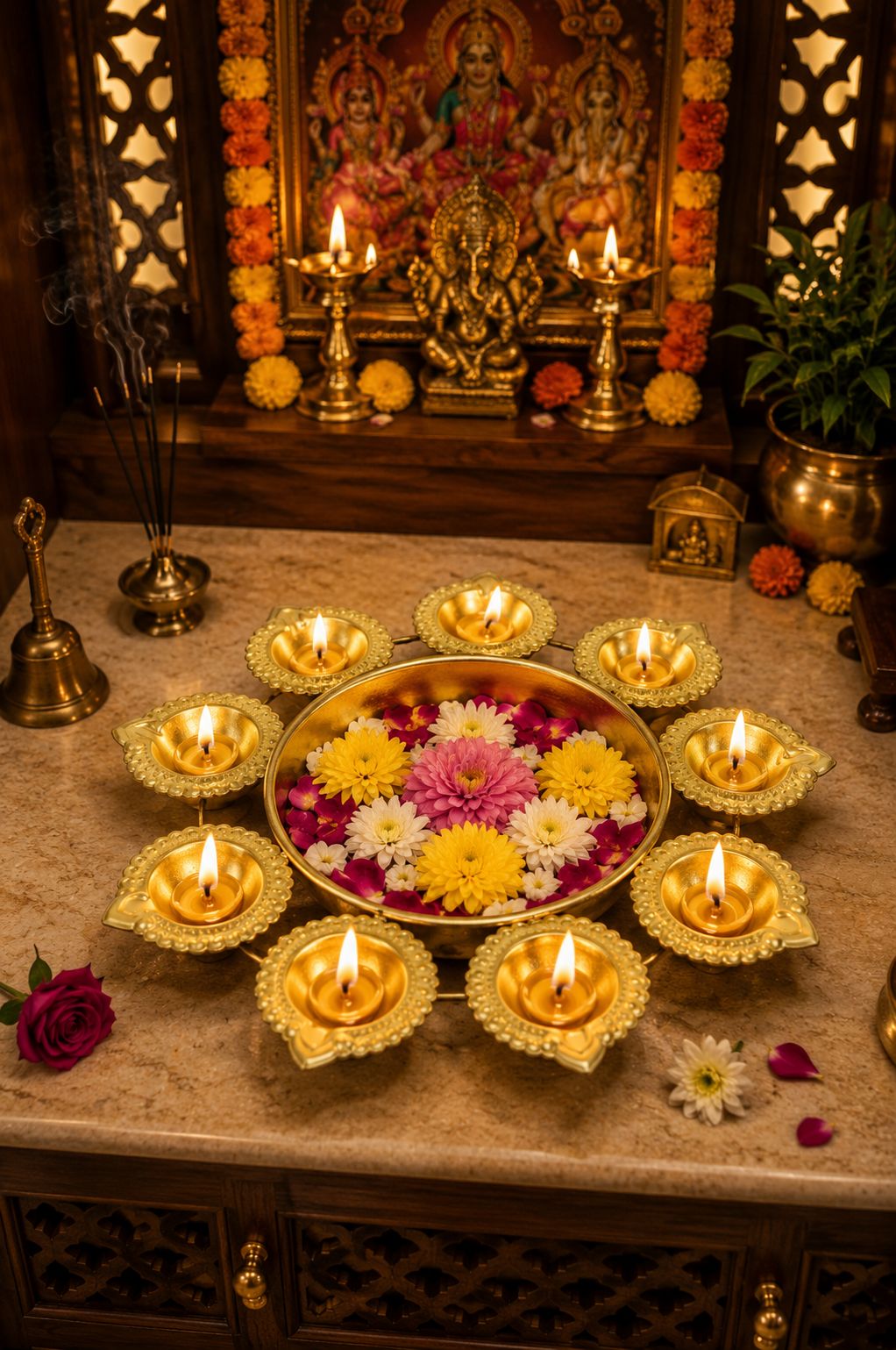 premium iron urli with 8 diya holders decorative metal floating flower bowl for water candles rangoli traditional urli for diwali pooja wedding festivals home decoration
