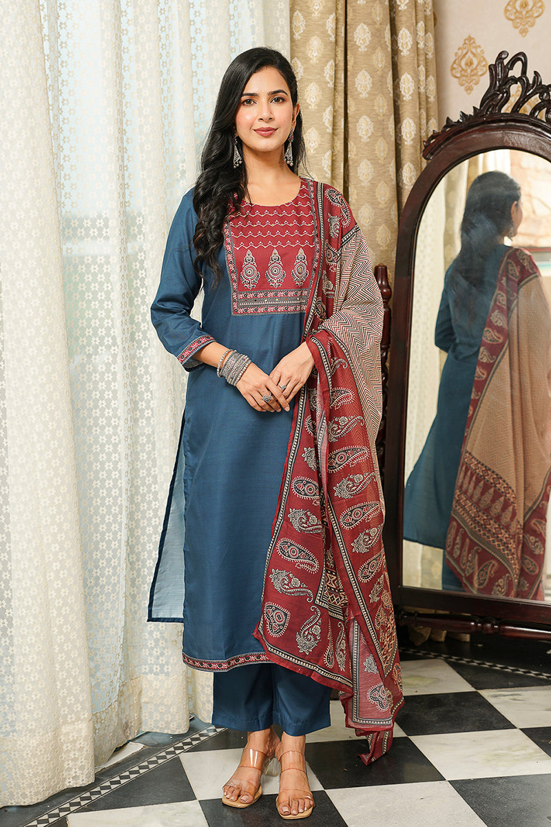 blue rayon blend ajrakh printed straight kurta trousers with dupatta
