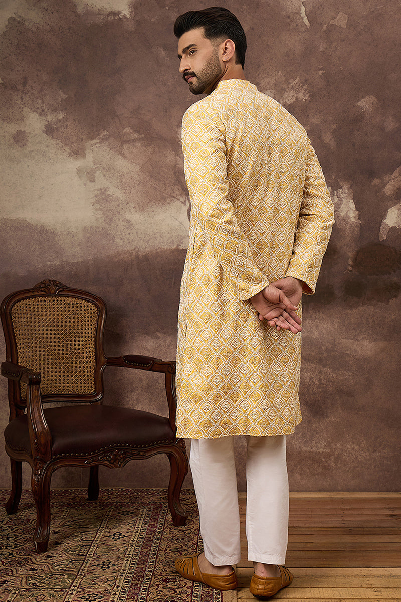 yellow viscose rayon solid embroidered straight kurta with trouser