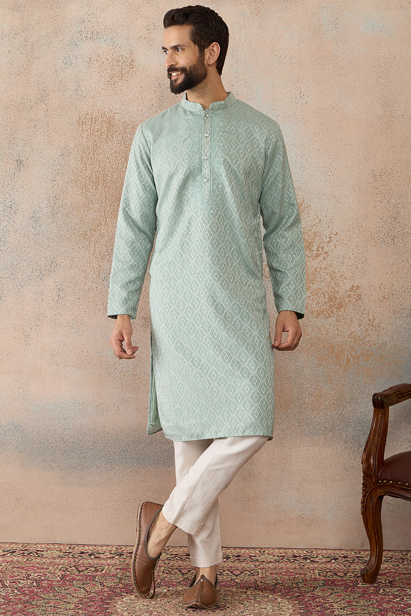 Mens Green Linen Blend Geometric Woven Design Kurta With Trouser