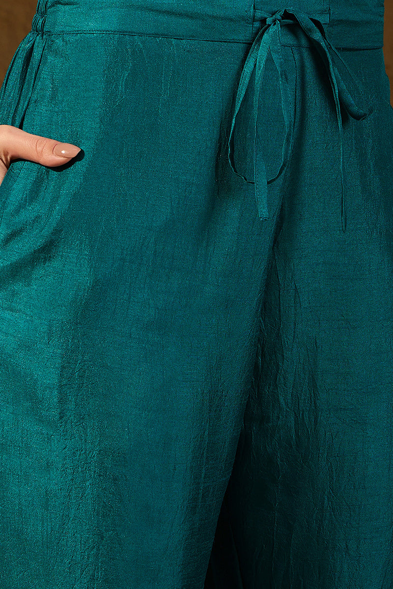 teal silk blend solid embroidered a line kurta trouser with dupatta 