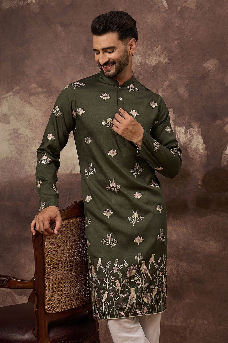 green silk blend solid embroidered straight kurta