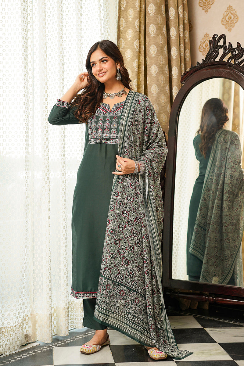 green rayon blend ajrakh printed straight kurta trousers with dupatta 